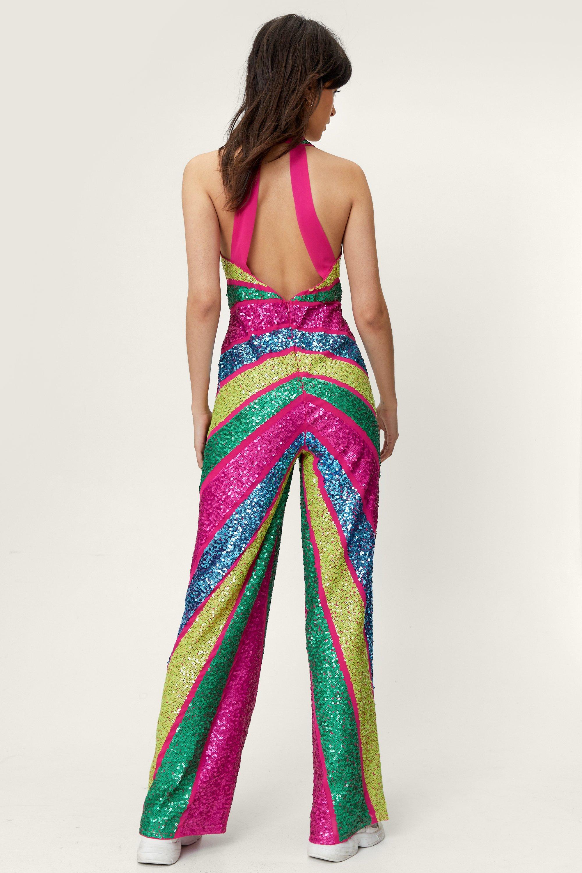Sequin Color Block Plunge Wide Leg Jumpsuit